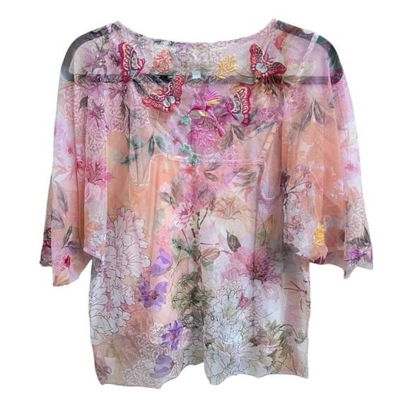 Johnny Was Valentina Melrose Mesh Blouse Sz S Embroidered Floral Butterfly NEW - Picture 3 of 8